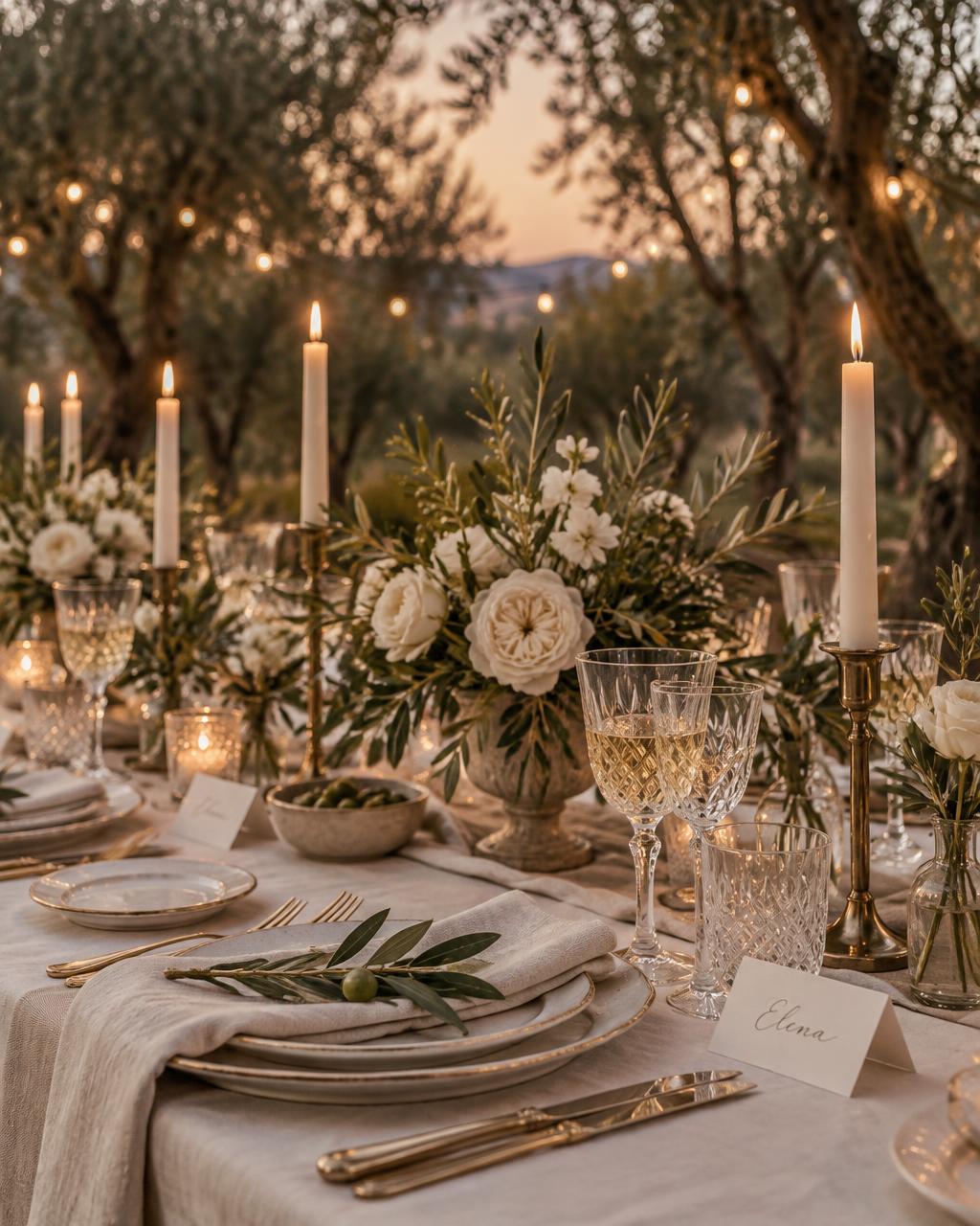 A candlelit celebration table set among olive trees at dusk