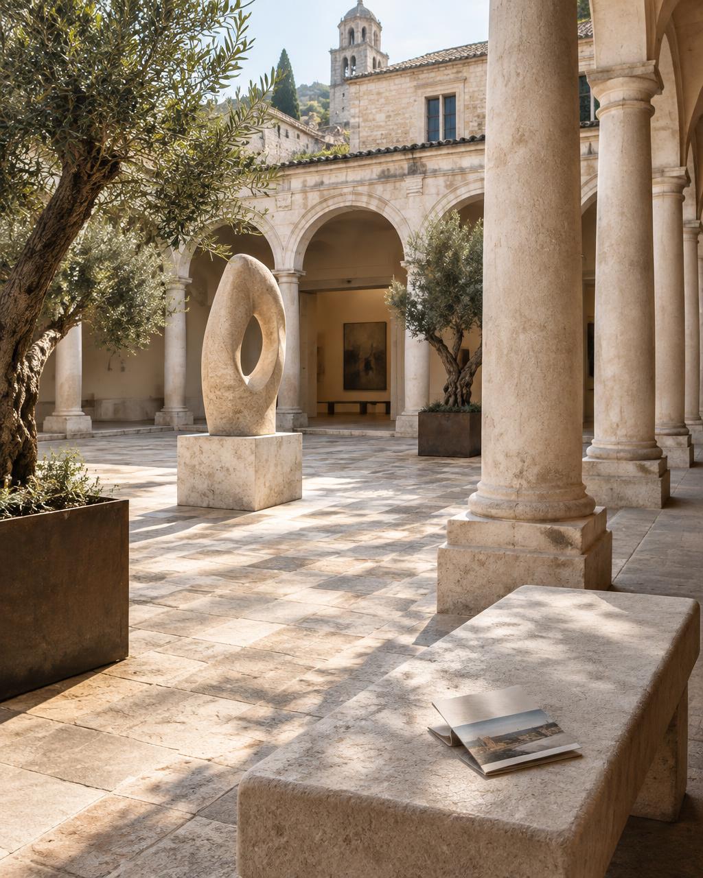 A quiet Mediterranean gallery courtyard arranged for a cultural visit
