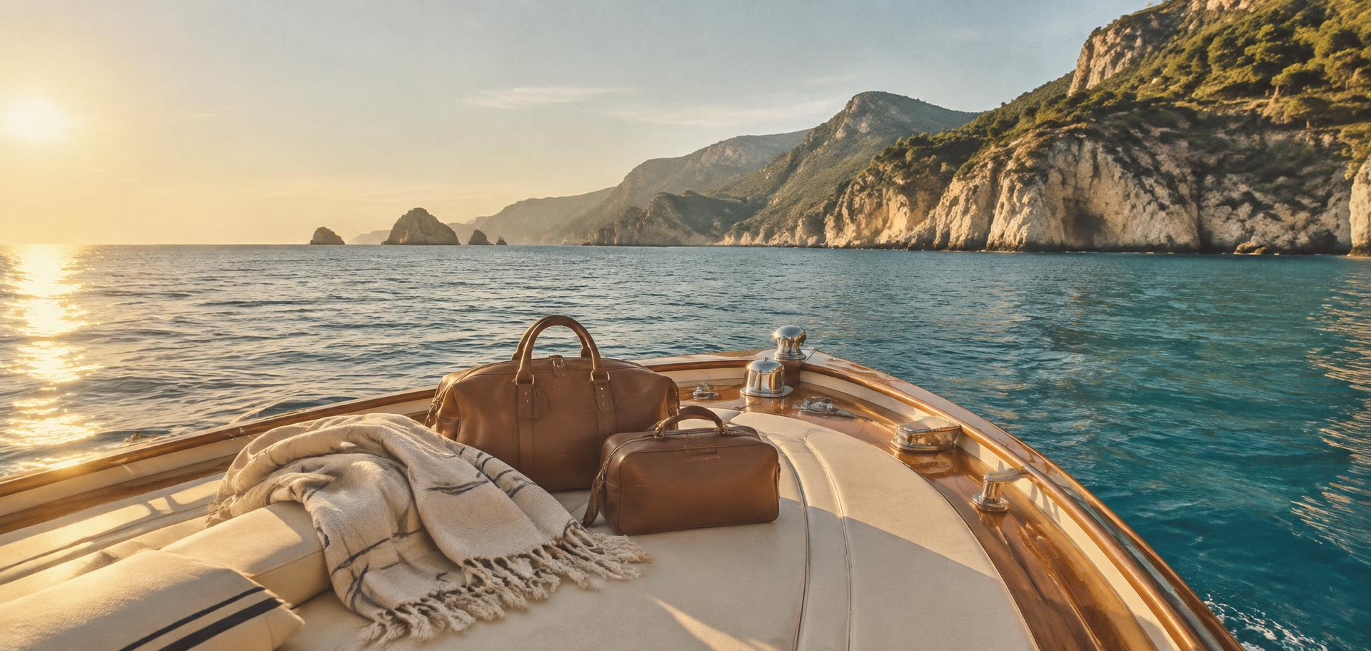 A quiet morning crossing along the Mediterranean coast, travel bags ready on deck