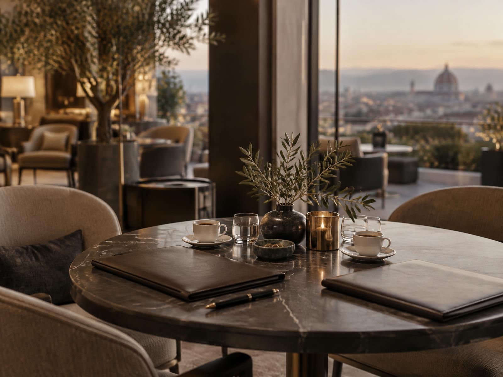 A quiet hotel salon table prepared for a discreet professional conversation