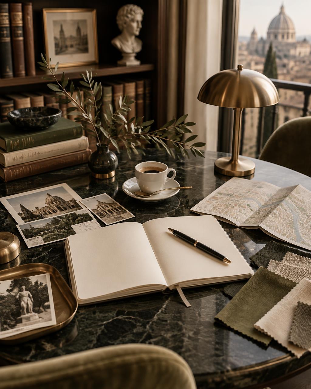 A notebook, city map, and references arranged for a personal planning project
