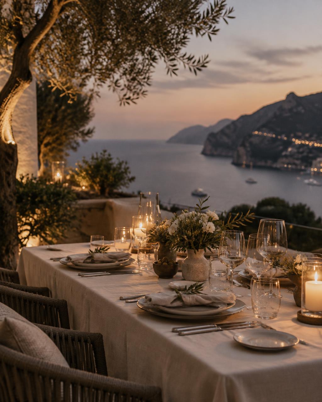 An intimate private dining table prepared at a Mediterranean destination